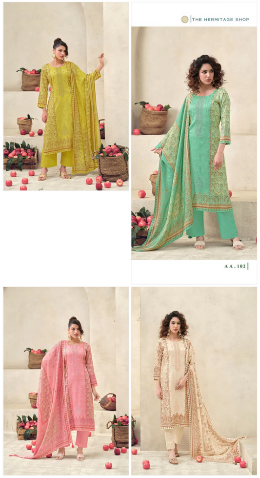 Hermitage Aaranya Vol 5 Satin Cotton Digital Print Embroidered Dress Material